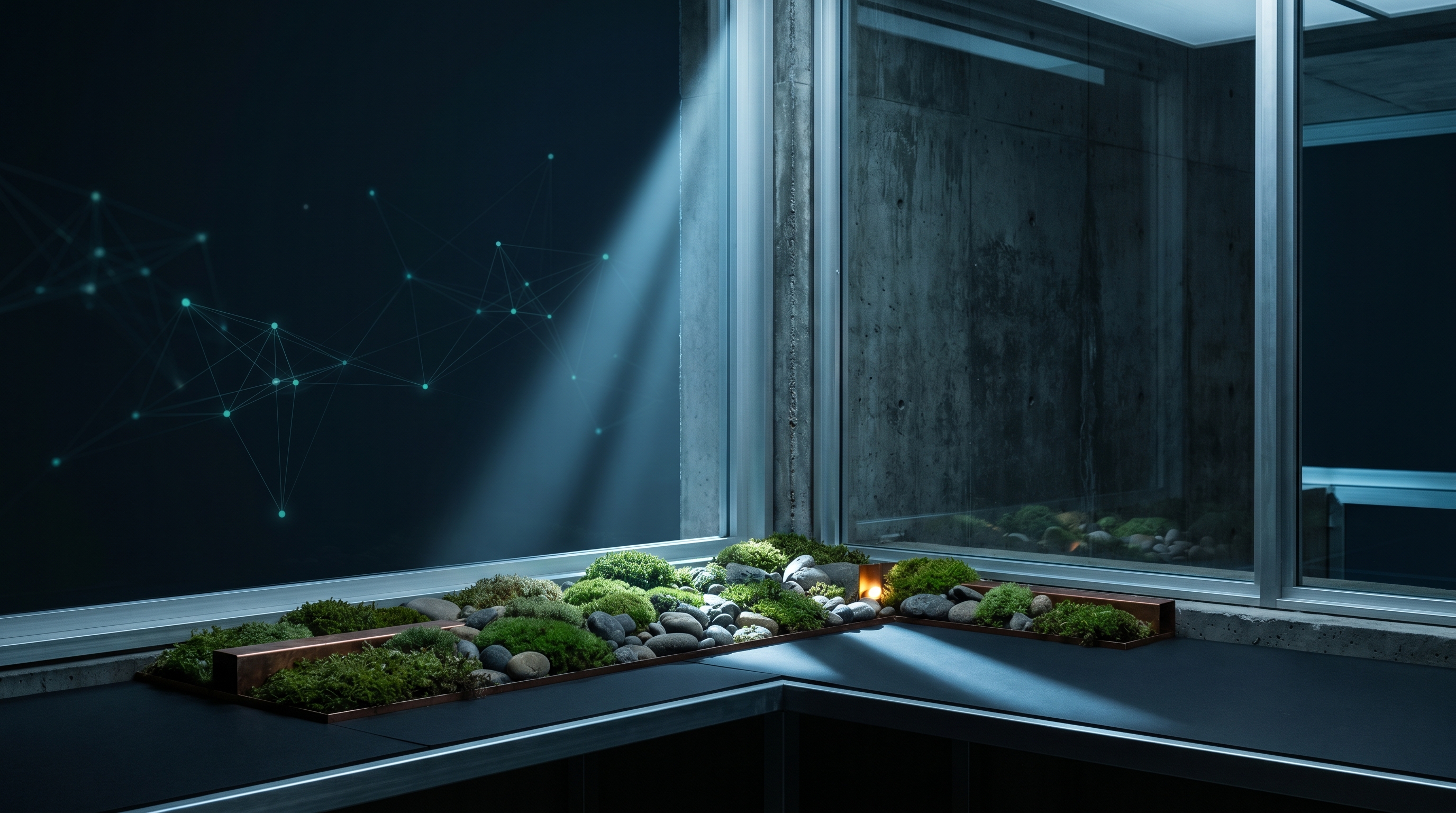 Establishing stage — architectural interior with a teal signal field