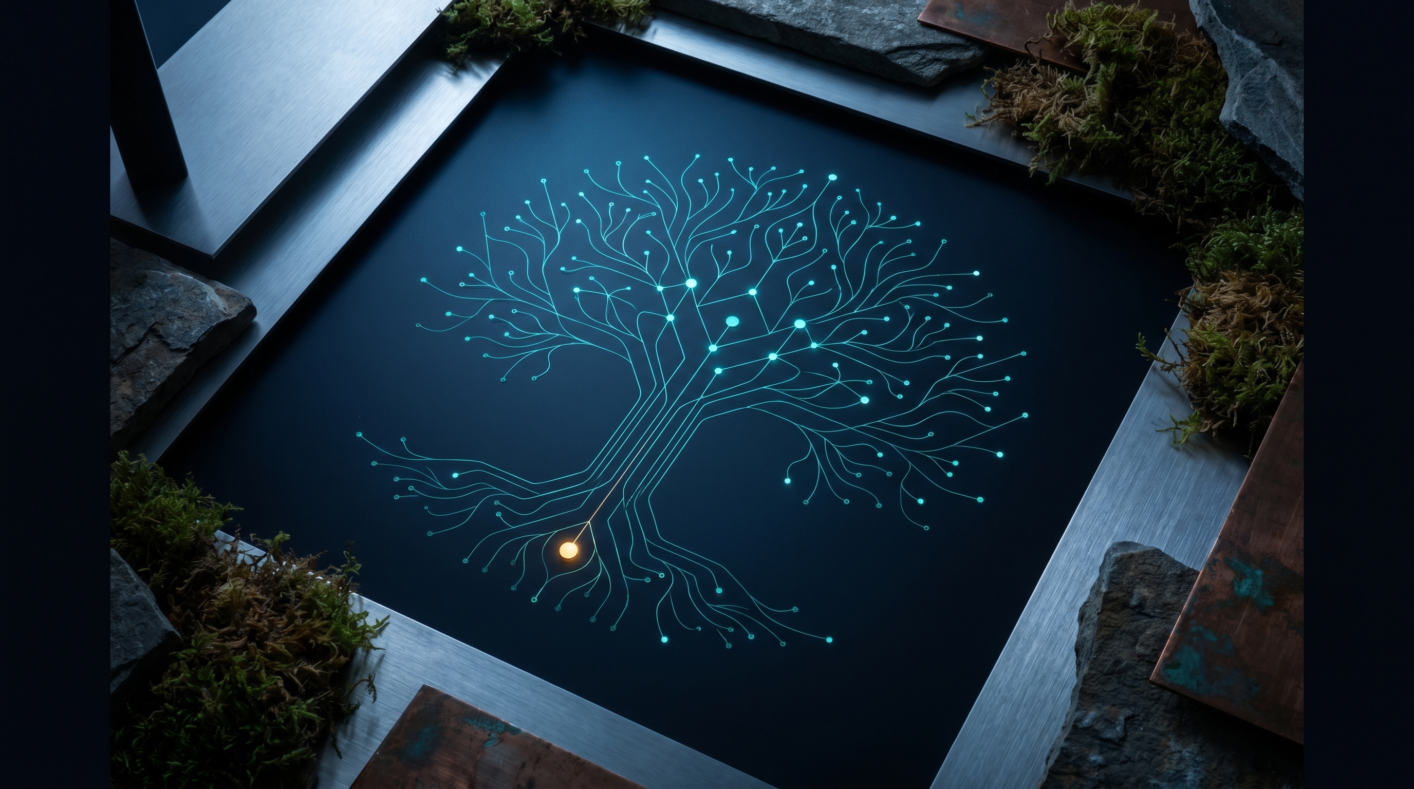 Systems organism — node graph becoming a structured canopy