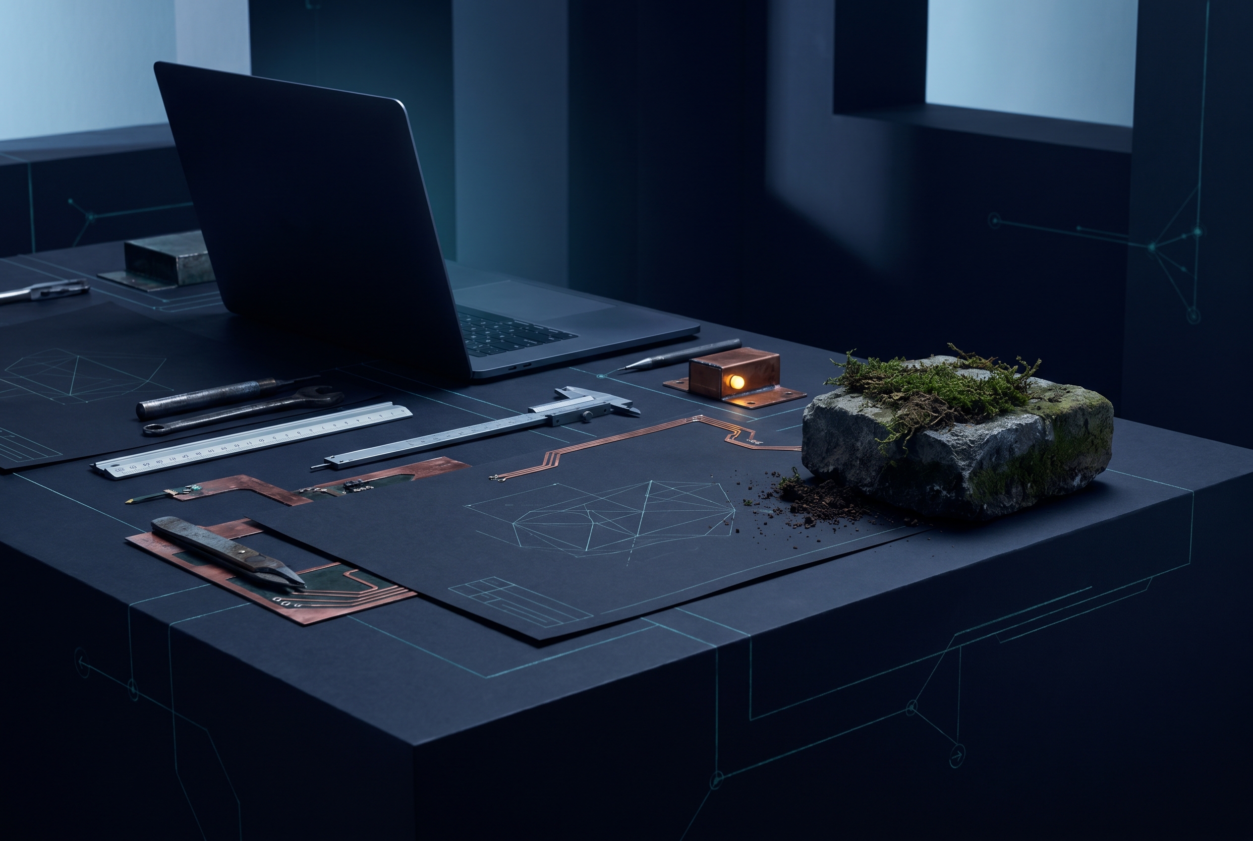 Founder worktable — system schematics and tactile tools